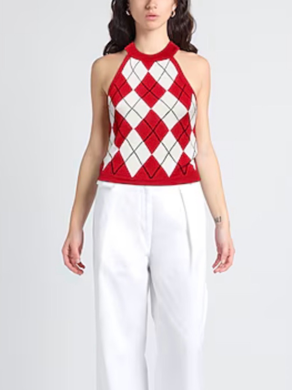 MSGM Red and Cream Argyle Halter Knit Tank